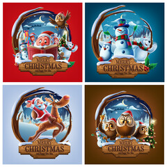 set of Christmas illustrations with cute characters - 380235923