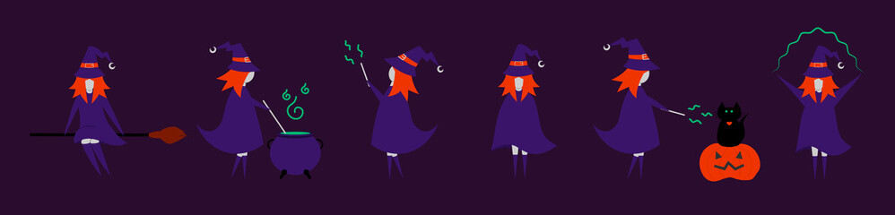 Set of witch character in different pose for Halloween. Costume for masquerade. Cute flat vector illustration on isolated background.