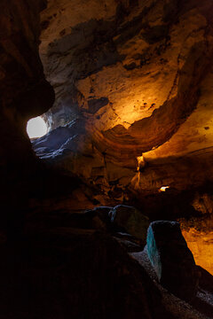 Interior of Carlsbad Caverns looking up at entry point