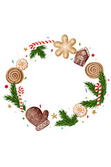 Christmas  composition of elements of gingerbread cookies in the form of a house, an angel, mittens,
 of ice cream, donuts, pie.
Pattern.