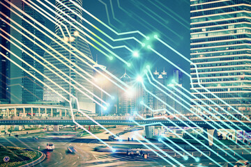 Data theme hologram drawing on city view with skyscrapers background multi exposure. Ai concept.