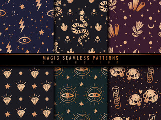 Magic icons doodles golden seamless patterns set