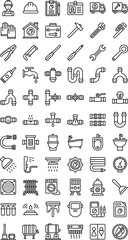 plumber set related saw blade, hummer, water tank, hand shower, pipe line, wrench, bathtub, tool box, water drops, leaking, plumber van, gloves, bathroom signs and setting, vector in lineal style,