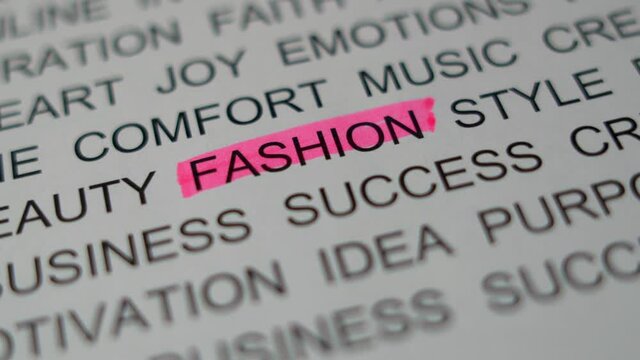 Highlight Underline a Printed Word Text Sign on a Piece of Paper "Fashion" with a Pink Marker. The Concept Of Fashion.