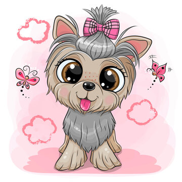 Dog Yorkshire Terrier with a bow on a pink background