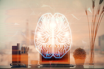 Double exposure of desktop with computer and brain drawing hologram. Artificial intelligence concept.