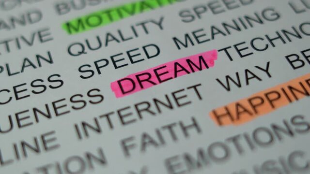 Highlight Underline a Printed Word Text Sign on a Piece of Paper "DREAM" with a Pink Marker. The Concept of Dream.