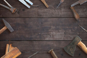 Tools on wooden surface composition. wooden surface. Free space for promo text or logo. Top view, flat lay