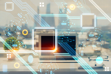 Multi exposure of table with computer on background and data theme drawing. Concept of innovation.