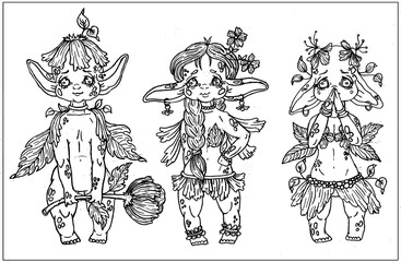 Set of cartoon characters, cute fairytale creatures, kind forest elves with big ears and plump cheeks, short legs and wings similar leaves, with vegitation and flowers on body, in different poses.