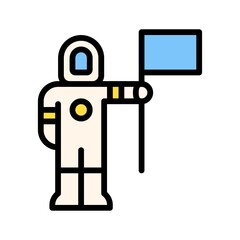 space related boy or character with space suit and flag in hand vector with editable stroke,