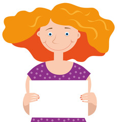 Woman on a white background with a blank sheet in her hands