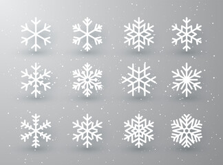 Naklejka na ściany i meble Snowflake winter set of white isolated icon silhouette on white gray background. Vector illustration