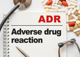 Page in notebook with ADR Adverse drug reaction on white background with stethoscope and group of...