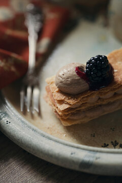 Blackberry-whipped coffee cream mille feuille