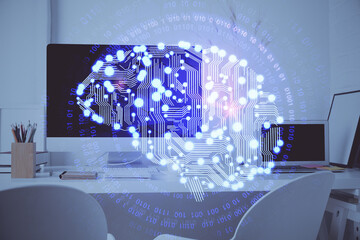 Double exposure of work space with computer and human brain drawing hologram. Brainstorm concept.