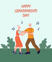 Happy Grandparents day greeting card. Elderly people dance. Cheerful grandmother and grandfather cartoon characters. Day of the elderly. Flat vector illustration.
