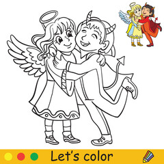 Halloween coloring with colored example angel demon