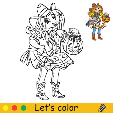 Halloween coloring with colored example cute cowgirl