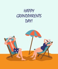 Happy Grandparents day greeting card. Elderly couple sunbathing on the beach. Cheerful grandmother and grandfather cartoon characters. Day of the elderly. Flat vector illustration.