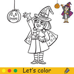 Halloween coloring with colored example little witch
