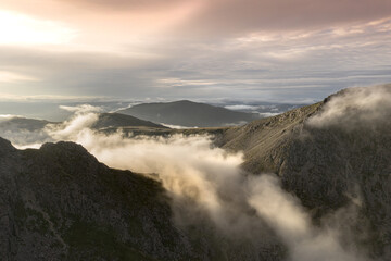 Snowdonia National Park aerial view of Tryfan and Glyder Fach with cloud inversion