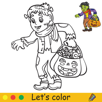 Halloween coloring with colored example cute monster