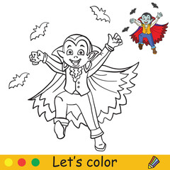 Fototapeta na wymiar Halloween coloring with colored example cute vampire