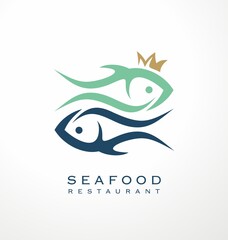 Vector graphic with two fish and a crown, perfect logo idea for seafood restaurant. Creative symbol or emblem design. Premium quality ocean food.