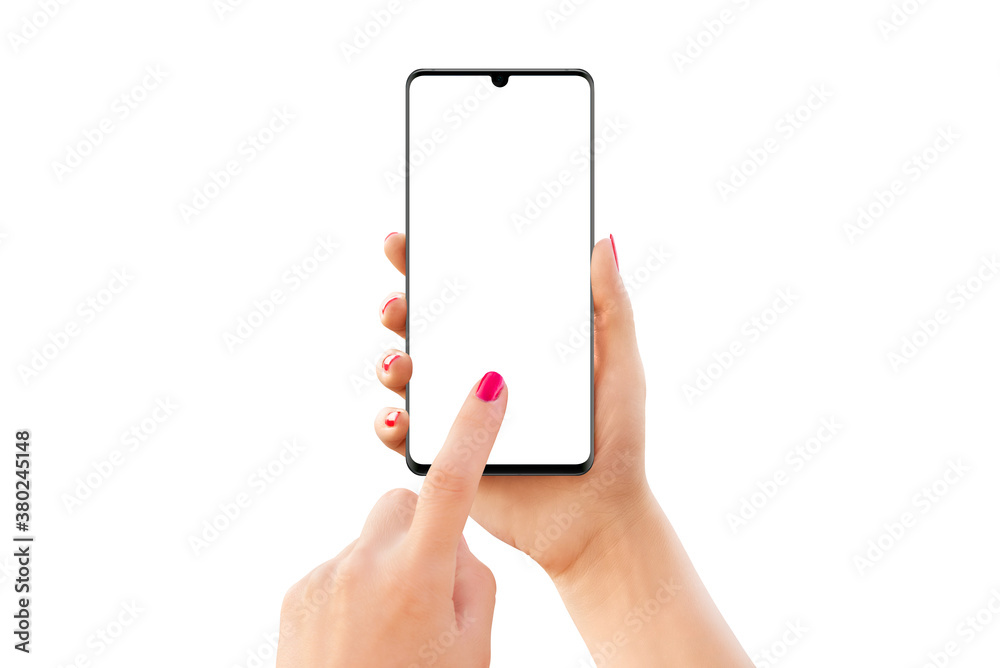 Poster phone mockup in girl hand with touching hand concept. isolated screen and background. modern smart p