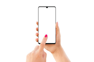 Obraz na płótnie Canvas Phone mockup in girl hand with touching hand concept. Isolated screen and background. Modern smart phone with thin edges. Vertical position