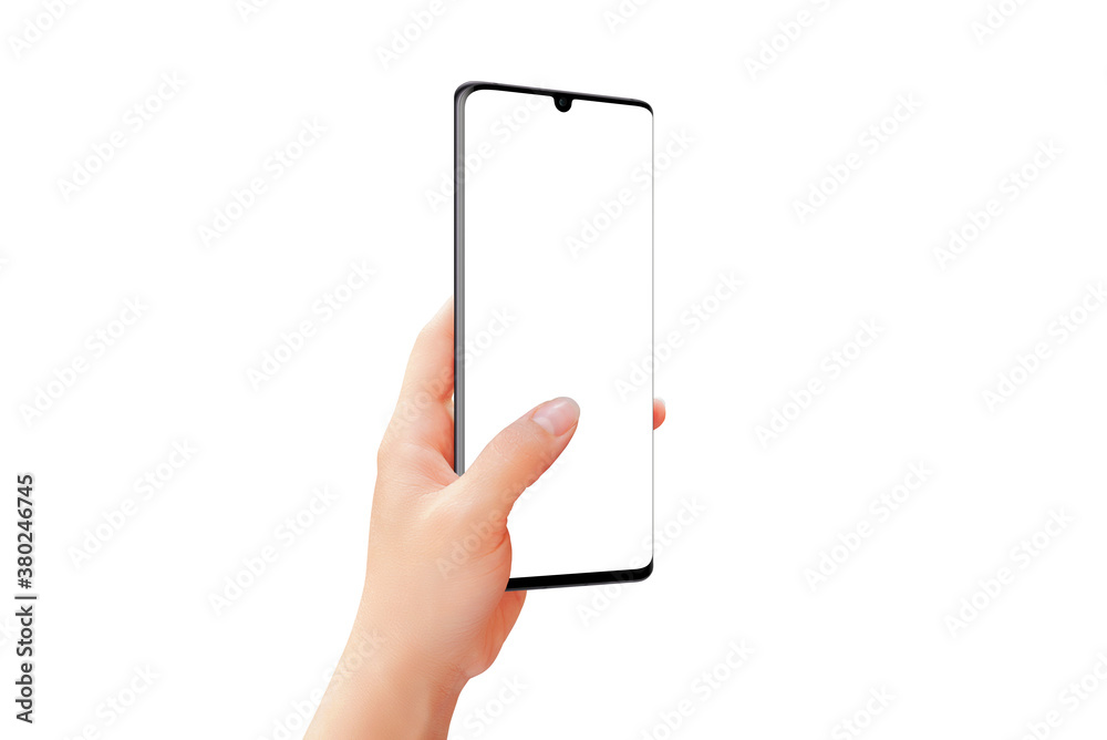 Poster isolated phone mockup in woman hand with thumb finger on display screen. side position of smart phon