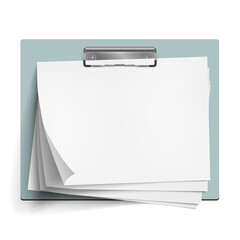 Realistic clipboard with a few blank white sheets of paper. Template or mock up for text and design. Empty paper notes, top view. Vector illustration.
