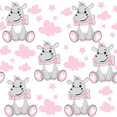Cute baby hippo girl in pink clouds on a white background seamless pattern