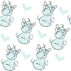 Cute blue hippo and heart on a white background seamless pattern