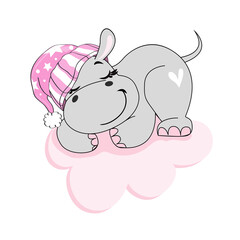 Cute sleep baby hippo in pink clouds on a white background isolated