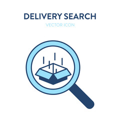 Delivery search icon. Vector illustration of a magnifier tool with an open delivery box inside. Represents concept of package tracking, online delivery searching, finding a postal service, tracking