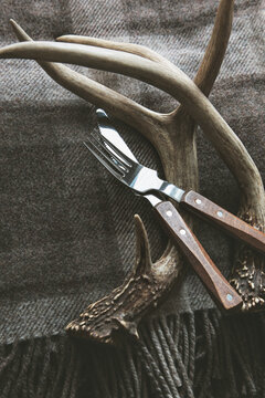 Deer antlers with utensils on plaid