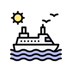 Obraz premium summer holiday related boat with sun, birds and water waves vector with editable stroke,