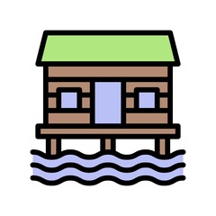 summer holiday related house or building on water with door and water waves vector with editable stroke,