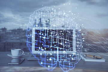 Multi exposure of work space with computer and human brain hologram. Brainstorm concept.