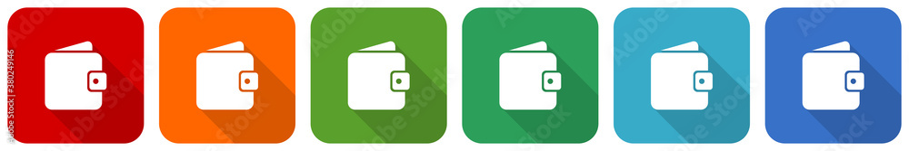 Poster purse, wallet icon set, flat design vector illustration in 6 colors options for webdesign and mobile