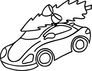 Car with Christmas tree - doodle illustration isolated on white background.