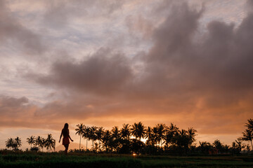 Silhouette of travel girl against the background of a magical sunset in a rice field with coconut palms