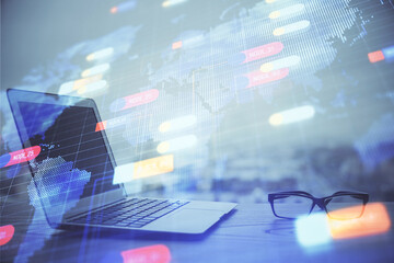 Double exposure of computer and technology theme hologram. Concept of freelance work.