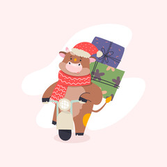 Cute cartoon Bull on a motorcycle with gifts. Flat vector illustration.