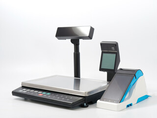 electronic scales and portable cash register with stand GR code scanner on white background - 380250321