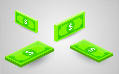 Set of the isometric bundles of paper money. The objects are isolated against the white background and shown from different sides