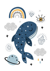 poster with celestial whale and other magic elements
-  vector illustration, eps