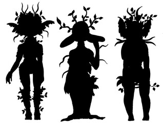 Set isolated silhouette fairytale characters, magic princesses pretty forest fairies with large ears, tentacles on head, with vegetation, leaves and flowers on body, in different poses, no background.